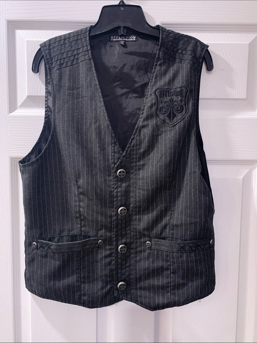 Affliction Black Pinstripe Crest Embroidered Vest